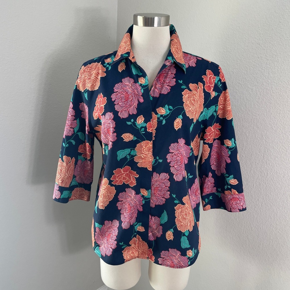 Chicos Womens 12/14 No Iron Stain Shield Floral Button Up Shirt Navy Pink Blouse